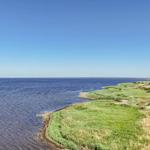 Strandufer mit Grasland und Wanderweg unter blauem Himmel