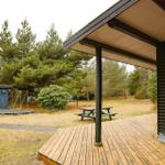 Wooden deck with grill and picnic table in front of a house with garden and trees.