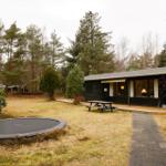 A modern wooden house with a terrace, picnic table, and trampoline in the woods.