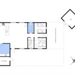 Wohnung mit drei Schlafzimmern, Küche und überdachter Terrasse.