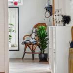 A room with chair, plant, and mirror. Shelf with vases and decor.