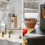 Essbereich mit Tisch und Stühlen, Küche und Treppe. Wohnbereich mit Kamin und Holzkorb.
