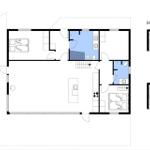 Geschossplan zeigt Wohnräume, Schlafzimmer und Badezimmer mit Maßen.