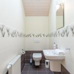 Badezimmer mit Toilette, Waschbecken und Spiegel an der Wand.