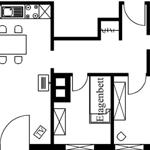 Wohnung mit Küche, Essbereich, Schlafzimmer und Bad.