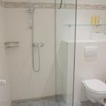 Badezimmer mit Dusche, Toilette und Glasabtrennung.