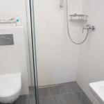 Badezimmer mit Dusche, Toilette und Waschbecken.