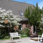 Haus mit Garten, weißen Bänken und blühenden Sträuchern unter blauem Himmel.