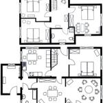 Zwei Etagen mit Schlafzimmern, Wohnbereich und Küche. Treppenhaus verbindet die Stockwerke.