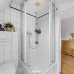 Badezimmer mit Dusche, Toilette und Holzschrank im Flur.