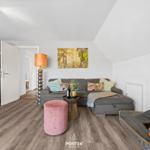 Wohnzimmer mit Sofa, Kissen und Hund im Korb. Küche im Hintergrund.