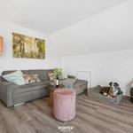 Wohnzimmer mit Sofa, Fernseher und Hundebett. Holzfußboden und Wandbild.