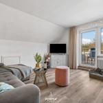 Wohnzimmer mit Sofa, Fernseher und Blick auf Balkon mit Hund.