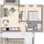 Wohnung mit Schlafzimmer, Küche, Bad und Terrasse. Treppenhaus im Erdgeschoss.