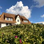 Haus mit strohgedecktem Dach und grüner Umgebung unter blauem Himmel.
