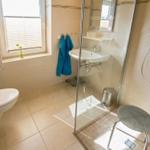 Badezimmer mit Dusche, Waschbecken und Toilette. Blaue Handtücher hängen an der Wand.