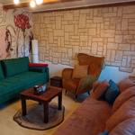 Wohnzimmer mit grünem Sofa, braunem Sessel und Steinwand.