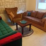 Wohnzimmer mit grünem Sofa, braunem Sofa und Sessel. Steinwand und Holztisch.