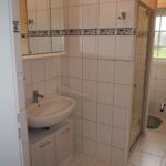 Badezimmer mit Dusche, Waschbecken und Spiegelschrank.