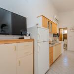 Kitchen with fridge, TV, and view into the bathroom.