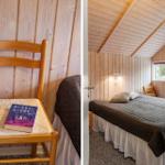 Schlafzimmer mit Holzwänden, Bett und Stuhl. Auf dem Stuhl liegt ein Buch.