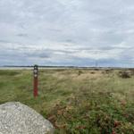 Wiesenweg mit Schild, Stein und roten Beeren, Blick auf Wasser und Horizont.