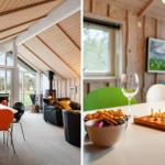 Wohnraum mit Essbereich und Kamin, Tisch mit Schach und Snacks.