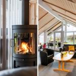 Wohnzimmer mit Kamin, Ledersofa und Holztisch. Große Fenster und Holzdecke.