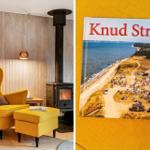 Ein gelber Sessel und ein Kamin stehen in einem Raum mit Holzwand. Ein Buch mit Strandmotiv liegt daneben.