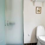 Badezimmer mit Dusche und Toilette. An der Wand hängt ein Bild.