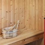 Wooden sauna with bucket and broom on bench