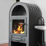 Modern fireplace with burning wood stove and metal handles.