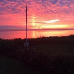 Sonnenuntergang über Wasser mit Masten und Grünfläche im Vordergrund.