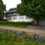 Haus mit Dach und Fenstern hinter Hecke und Bäumen