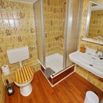 Badezimmer mit Dusche, Waschbecken und Toilette. Fliesen mit Blumenmuster und Holzboden.