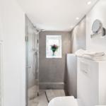 Dusche mit Glaswand, Fenster und Blumen. Handtuchhalter und Spiegel.