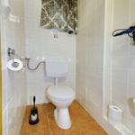 Toilette mit braunem Musterrollo, Toilettenbürste und Toilettenpapier