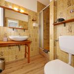 Badezimmer mit Dusche, Waschbecken und Toilette. Fliesenwand und Holzboden.