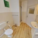 Badezimmer mit Toilette, Dusche und Waschbecken auf Holzfußboden.