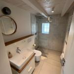 Badezimmer mit Dusche, Waschbecken und Toilette. Holzdecke und Spiegel.