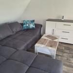Living room with gray sofa, wooden floor, and white cabinets.