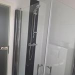 Shower with glass enclosure and handheld shower, white tiles and door on left