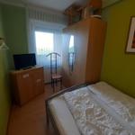 Schlafzimmer mit Bett, Kleiderschrank und Fernseher.