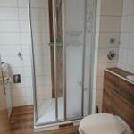 Bad mit Dusche, Toilette und Holzfußboden