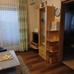 Wohnzimmer mit Holzboden, TV, Bücherregal und Fenster mit Vorhängen.