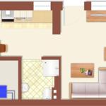 Dieses Apartment hat eine Küche, ein Esszimmer, ein Bad und ein Schlafzimmer.