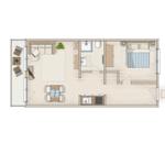 Einzelzimmer mit Wohnbereich, Küche und Bad. Moderne Einrichtung.