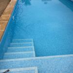 Rechteckiger Pool mit blauen Fliesen und Steintreppe zum Einsteigen.