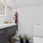 Bathroom with sink, mirror, and toilet. Towel rack and plants are visible.