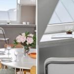 Dining room with table, chairs, and flowers. Windowsill with mug and book.